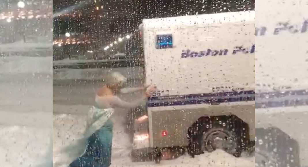 Another Nor'easter! Man Dressed As Elsa Pushes Police Wagon Out Of Snowbank